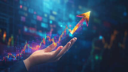 Poster - Successful businessman confidently holding a glowing stock chart with upward trend arrow, futuristic hologram technology, against a blue abstract background