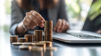 Poster - Businesswoman stacking coins at her office desk, concept of saving and financial planning
