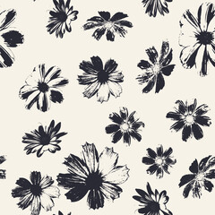 seamless pattern with monochrome flowers blooms stamps. nature black and white grunge background. fl