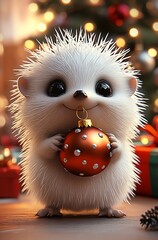 Aufkleber - Adorable Hedgehog Holding Christmas Ornament in Festive Holiday Setting : Generative AI