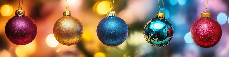 Aufkleber - Vibrant Christmas Ornaments Hanging with Bokeh Lights in Background : Generative AI