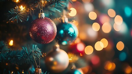 Aufkleber - Christmas Tree Decorated with Glittering Red and Blue Baubles and Warm Bokeh Lights : Generative AI
