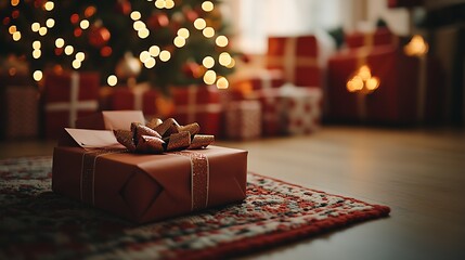 Poster - Festive Christmas Gift with Elegant Wrap and Glowing Tree in Cozy Holiday Ambiance : Generative AI