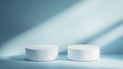 Poster - Modern Minimalist White Pedestal Display with Soft Light in Blue Background : Generative AI