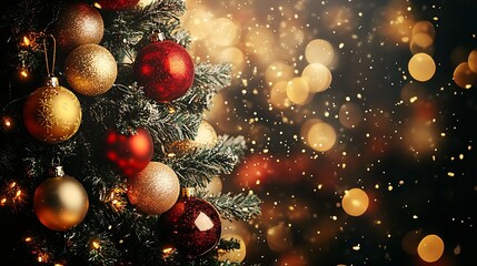 Poster - Elegant Christmas Tree with Red and Gold Ornaments and Softly Twinkling Fairy Lights for a Cozy Holiday Scene : Generative AI
