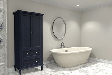 Navy cabinet and cream-colored tub in a chic bathroom setup.