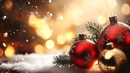 Aufkleber - Elegant Christmas Baubles with Pine Needles Amidst Golden Bokeh Holiday Ambiance : Generative AI