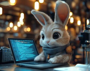 Tech savvy easter bunny coding in cozy workspace - easter holiday concept for digital design