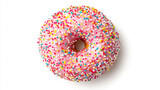 A pink frosted donut covered in colorful sprinkles, appealing for desserts or snacks.