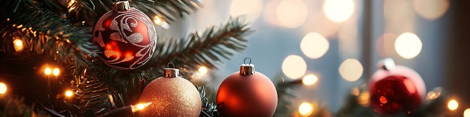 Aufkleber - Colorful Christmas Ornaments on Festive Tree with Glowing Lights in Cozy Seasonal Setting : Generative AI
