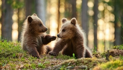 Two little bears cubs playing with each other in the forest