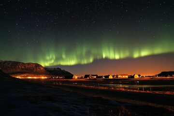 vibrant display of northern lights over calm waters in a serene landscape at night