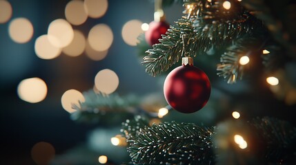 Aufkleber - Festive Christmas Tree Decoration with Red Bauble Amidst Soft Fairy Lights : Generative AI