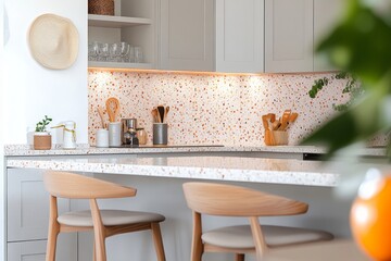 Wall Mural - Modern Kitchen Interior with Terrazzo Backsplash and Wooden Stools