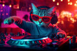 © Renata Hamuda - Cat DJ wearing red sunglasses and headphones mixing music at the turntable in nightclub
