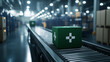 © Maksym - A spacious, organized warehouse with a green-crossed box moving on a conveyor belt, symbolizing safe and secure medical product transport.