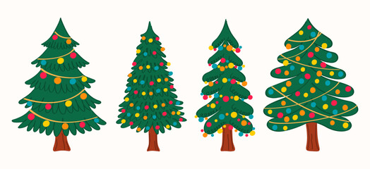 hand drawn christmas tree set. cute festive doodle illustration for kids