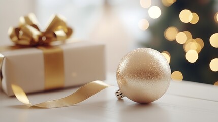Aufkleber - Festive Golden Christmas Ornament and Wrapped Gift Beside Illuminated Tree : Generative AI
