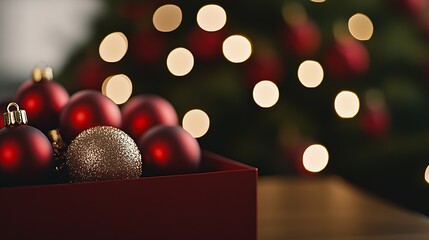 Aufkleber - Christmas Ornaments Box with Soft Focus on Red Baubles and Bokeh Lights : Generative AI