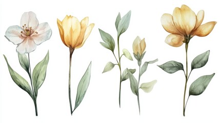 Watercolor illustration spring blossom flowers with light yellow and soft pink petals green leaves isolated on white background