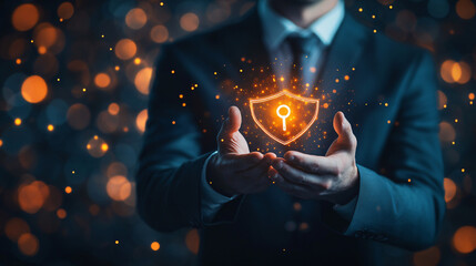 Aufkleber - Businessman holding a glowing security shield icon in his hands, concept of data protection and cybersecurity