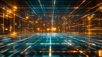 Poster - 3d illustration, Holographic Tron Grid Floor Motion Graphic Element