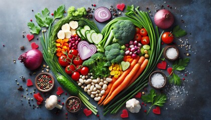 organic and fresh vegetables in heart shape on background. vegan or vegetarian concept. healty foods.