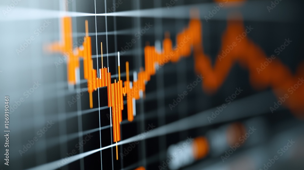 Financial chart with fluctuating orange lines on black background ...