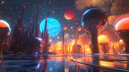 Aufkleber - 3d illustration, alien sci-fi city with optical flares