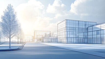 Fototapete - 3d rendering, wire frame model of industrial buildings