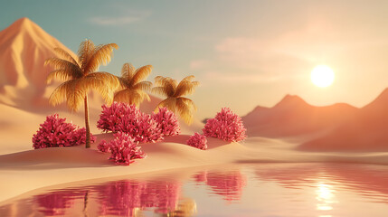 Fototapete - 4K Animation Of Oasis In A Desert With Hot Sun In Background