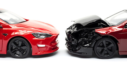 Poster - Accident between two cars, one red and one black, isolated on white, front view