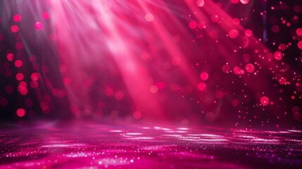 Wall Mural - Magic of pink, magenta rays like lasers, falling on stage with red glittering bokeh in studio, Christmas or love atmosphere for luxury and artistic backdrop.