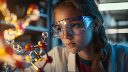 Poster - Young scientist in a lab coat studies a molecular structure, showcasing intelligence and determination in science and technology
