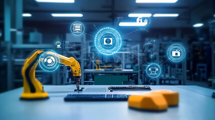 Aufkleber - Industry 4,0 smart factory interior showcases IIoT machines, efficient workstations, and automated production lines, optimizing the manufacturing process for improved performance