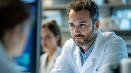 Poster - Scientist engaged in collaborative medical research in state-of-the-art laboratory setting