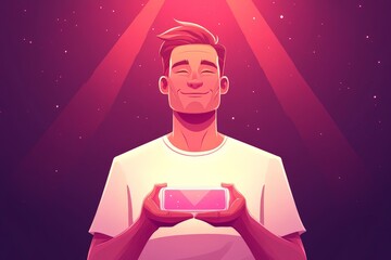 Wall Mural - man holding vr headset with joyful expression symbolizing virtual reality immersion gaming technolog