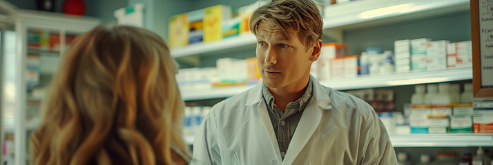 Wall Mural - Caucasian male pharmacist talking with customer in pharmacy.