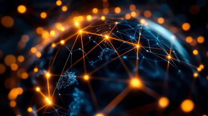 A digital globe with interconnected nodes, symbolizing global networks and technology.