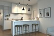 © Agus - Modern Kitchen with White Cabinets, Black Pendant Lights, and a Breakfast Bar with Stools