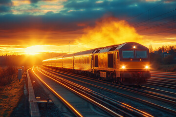 Canvas Print - Sunset train journey along the railway tracks in a vibrant sky