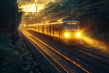 Wall Mural - Sunset train journey along tracks surrounded by lush greenery