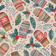 Seamless Watercolor Wallpaper of Christmas Mittens and Holly Leaves in a Cute Patchwork Design 