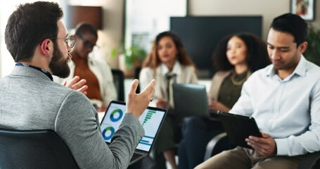 Poster - Business people, man or laptop screen in meeting with data analysis for asset management or investment banking. Finance internship, diversity group or laughing in seminar with stats on capital market