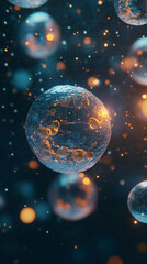 Fototapete - Dark liquid filled with multiple transparent cells and small golden particles, with a large cell floating in the center