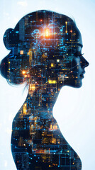 Poster - Woman's silhouette with circuit board graphic superimposed, highlighting artificial intelligence in profile