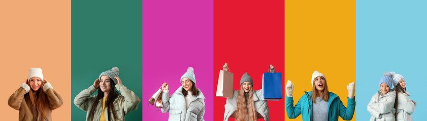 Wall Mural - Collage of people in stylish winter clothes on color background