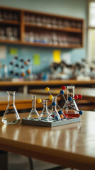Poster - Glass beakers and flasks containing liquid sit on a table in a science laboratory with a molecular model