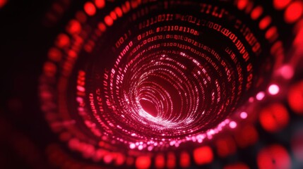 Futuristic digital tunnel with binary code and glowing red lights