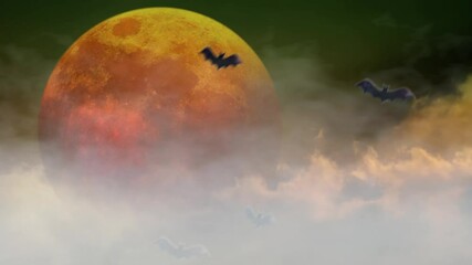 Wall Mural - halloween orange moon spooky bat flight 4k loop features bats flying upward from the bottom of the s